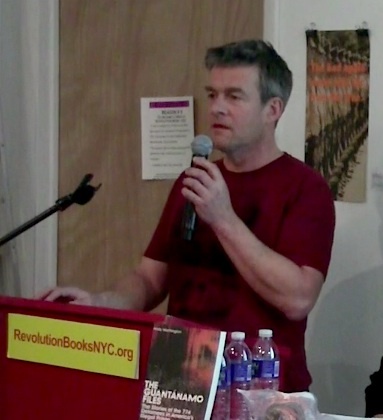 Andy Worthington speaking about the struggle to free Shaker Aamer from Guantanamo at Revolution Books in New York on January 14, 2016 (screenshot from the video of the event).
