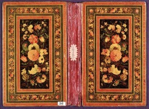 An elaborate display of brightly enameled flowers highlights this lush 18th-century Islamic book binding from the Kirkor Minassian collection.