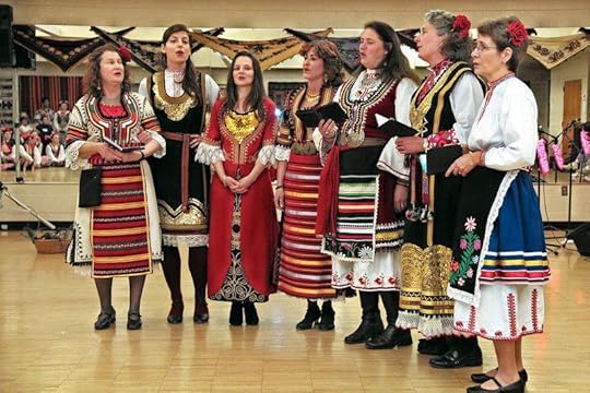 The Balkan singing group Slaveya performing at a National Folk Organization event. The group includes several Library of Congress employees, including AFC’s Theadocia Austen. For them, Balkan singing and costume are “MyTradition.” L-r: Anne Harrison, Katie Kathryn, Tzvety Weiner, Theadocia Austen, Betsy Smith Platt, Karen Chittenden and Helen Fedor. Courtesy of Theadocia Austen.