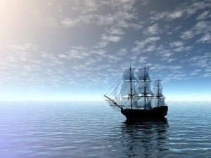 Sailing ship in the sea. 3D illustration landscape