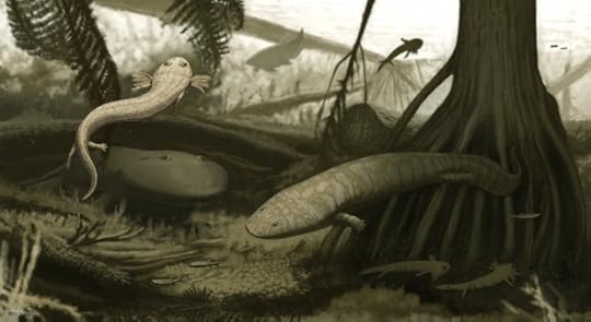 Uma reconstrução da antiga comunidade lacustre do Nordeste brasileiro, mostrando em primeiro plano as novas espécies Timonya anneae (esquerda) e Procuhy nazariensis (direita). © Andrey Atuchin.