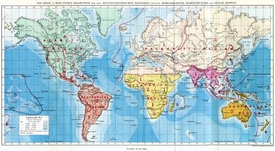 Mapa do mundo retirado do livro "The geographical distribution of Animals", mostrando as seis regiões biogeográficas definidas por Alfred R. Wallace (1876).