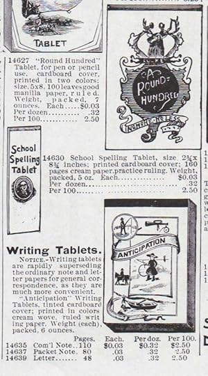 Additional options from the Montgomery Ward & Co. catalogue (1895), including a School Spelling Tablet, general Writing Tablets, and