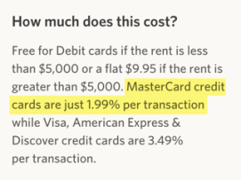 RadPad charges a 1.99% fee for MasterCard rent payments