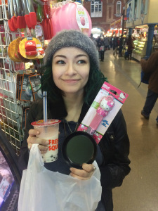 Bubble tea and a tiny Hello Kitty frying pan - presumably for making quail egg omelets.