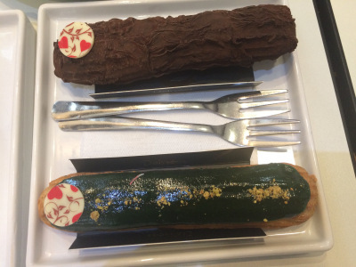 The dark chocolate truffle and pistachio eclairs.