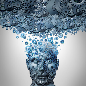 Upload your mind or uploading your brain concept as a human head made of mechanized gear and cog wheels being uploaded to a machine cloud server as an artificial intelligence symbol or neuroscience technology.