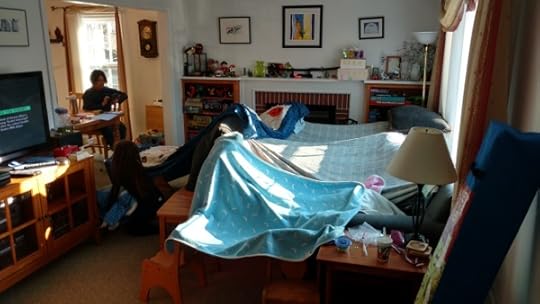 A particularly large blanket fort in the living room.