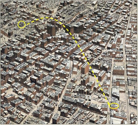 The Bradbury Mansion studio on Court Hill, upper left, and the filming site, lower right.