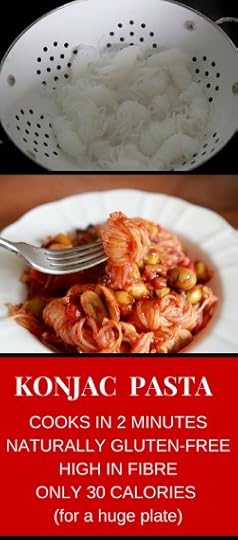 Konjac noodles are found in the Asian section of the grocery store, are high in fiber, have practically no calories, and are naturally gluten-free.