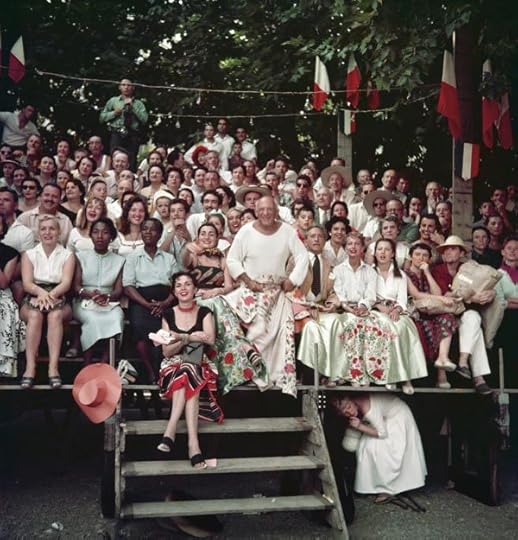 Jacqueline Roque an d Picasso, Jean Cocteau, Francine and Carole Weisweiller, and sitting in front, Florette, bullfight, Vallauris, 1955.  