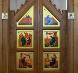 The Evangelismos in an Orthodox Church, showing the Annunciation and the four Evangelists. 