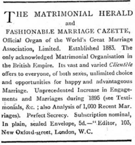 Advertisement for Matrimonial Herald published in the Westminster Budget, London, GB. November 1, 1895. [Image: Newspapers.com]