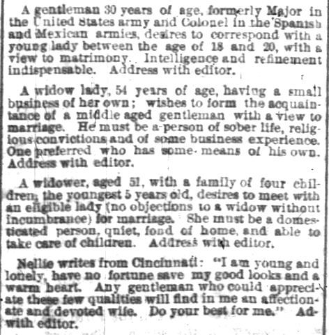 Personal Classified Ads for Matrimonial Possibilities. Source: Indianapolis News, 15 Feb 1873. [Image: Courtesy of Newspapers.com]