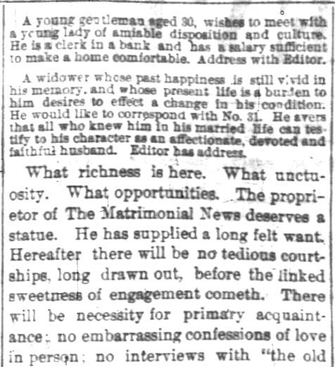 Indianapolis News, 15 Feb 1873. United States advertisements for potential brides and grooms.