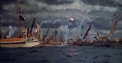 Fotograma de la batalla naval contra los piratas de la película Ben Hur