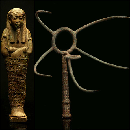 On sale. L - Lot 2 AN EGYPTIAN GREEN GLAZED COMPOSITION SHABTI R- Lot 9 AN ETRUSCAN BRONZED IRON MEAT HOOK OR ‘GRAFFIONE’