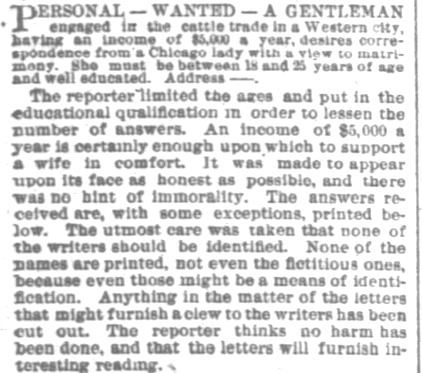 Portion of an article printed in Chicago Daily Tribune on Sunday, 28 December, 1884. (Part 2)