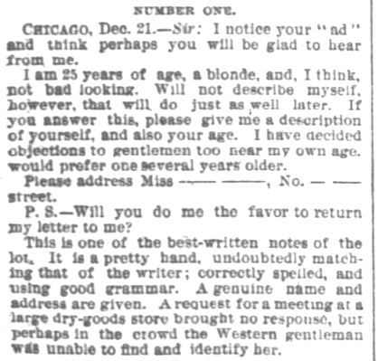 Portion of an article printed in Chicago Daily Tribune on Sunday, 28 December, 1884. (Part 3)