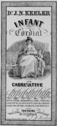 Although I do not know the specific ingredients of this, typical infant cordials had a great deal of opium. As opium sank to the bottom, a dose at the end of the bottle would prove to be much stronger than doses given from the top of the bottle. Due to this, caregivers could unintentionally and suddenly overdose an infant. Image credit: Library of Congress 91720054.