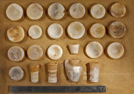 Travertine model vessels unearthed at the tomb of Khentkaus III, Abusir, Egypt.