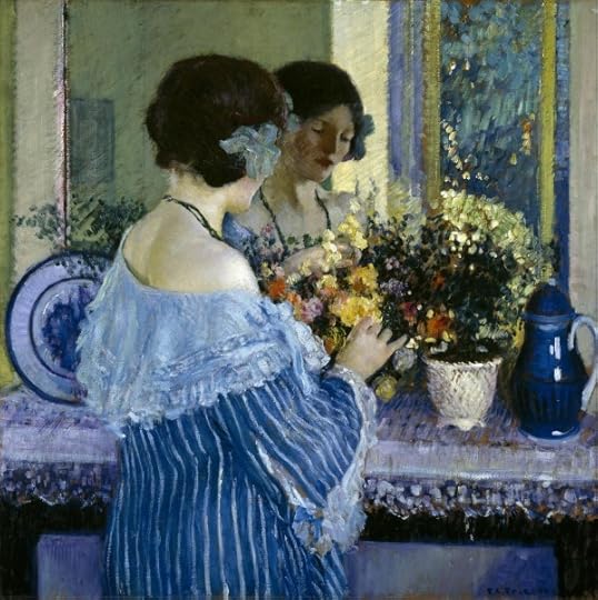 Frederick Carl Frieseke. Girl in Blue Arranging Flowers