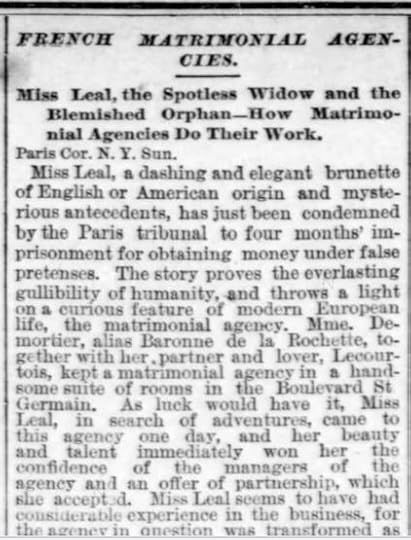 The Times-Democrat. New Orleans, LA. 24 Apr 1887, Sunday. Miss Leal AND Mail Order Bride scam.