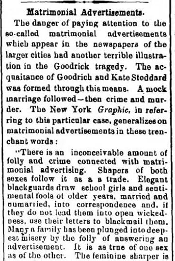 Article reported in The Herald and Torchlight, Hagerstown, Maryland. 6 August, 1873. Part 1 of 2.