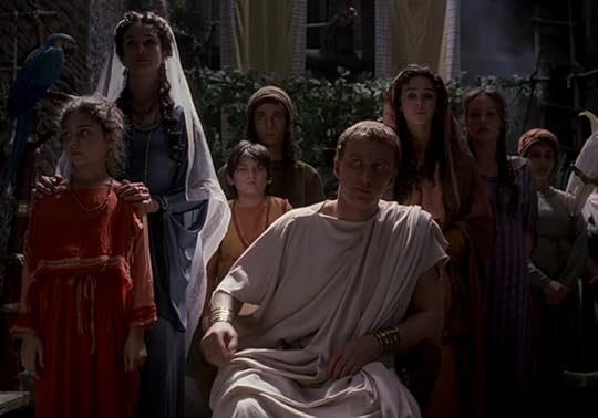The Vorenus family has pulled out all the stops. Everyone is in a different, bright color, and they're all wearing much nicer clothes than when the series started out.