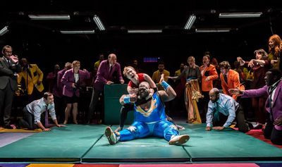 A scene from As You Like It, centre Joe Bannister(Orlando),Leon Annor (Charles)Image by Johan Persson