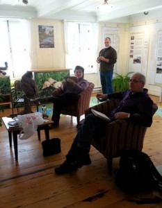 Celine, Yvan, and Rene drawing the Great Horned Owl