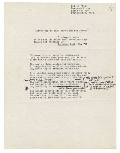 144, PLATH (SYLVIA) Two typed and autograph drafts of her poem ��Admonitions'