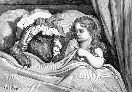 An engraving of Little Red Riding Hood in bed with the wolf dressed as her grandmother