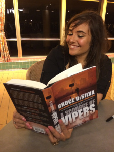 Marcella Simien reading my novel, 