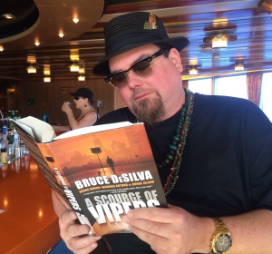 Blues keyboard player Marty Sammon reading my novel, 