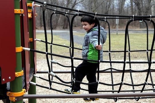 The Pip climbing on a net bridge thing at Neahwa Park in Oneonta.