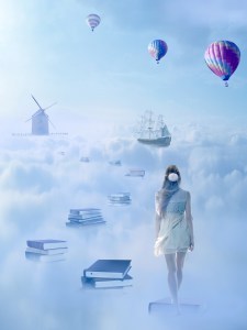 In search for knowledge concept. Fantasy world imaginary view. Woman walking down the book pass above clouds with windmill old ship in horizon. Life success of an educated person, human concept