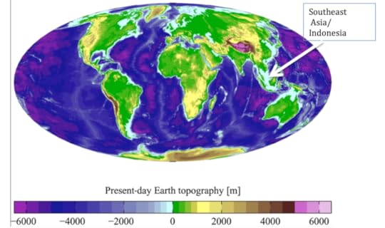 Figure 2. An image of the present day land elevation and sea levels. The light blue colored areas are roughly 100 m deep and would have been exposed land prior to the Younger Dryas period. (https://en.wikipedia.org/wiki/Bathymetry#/media/File:AYool_topography_15)