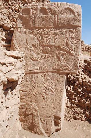 Figure 5. The vulture stone (Pillar 43) at Göbekli Tepe. Note the scorpion in the register below the bent winged vulture (Pic credit: German Archaeological Institute) - http://www.andrewcollins.com/page/articles/Gobekli.htm.
