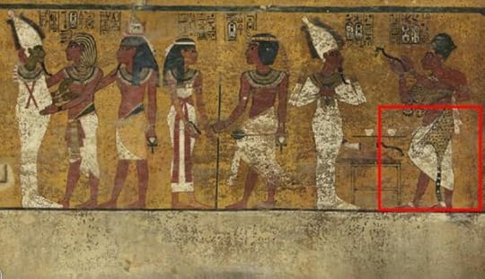 Scans of the north wall of King Tutankhamun's burial chamber have revealed features beneath the intricately decorated plaster (highlighted) a researcher believes may be a hidden door, possibly to the burial chamber of Nefertiti.