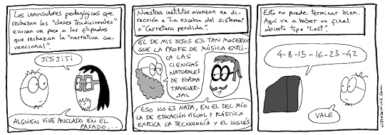 Tira cómica sobre el paralelismo entre las innovaciones pedagógicas que rechazan la enseñanza tradicional y los flipados que rechazan la narrativa convencional.