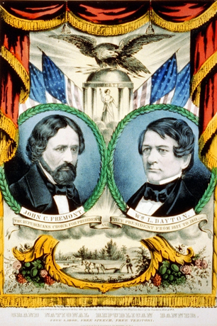 Colorful portrait campaign poster of Frémont and Dayton, 1856