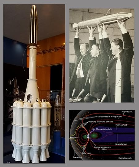 Left: Scale model of Explorer 1 satellite, including second stage rocket cluster. Right: William Hayward Pickering, James Van Allen, and Wernher von Braun display a full-scale model of Explorer 1 at a crowded news conference in Washington, DC after confirmation the satellite was in orbit (1958). Lower right: NASA depiction of the radiation belts surrounding the Earth.