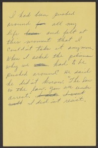 This item from the Parks’ collection documents her reflections on her bus arrest, circa 1956-1958. 