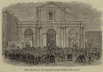 St. Francis Xavier Church in Manhattan, as it appeared when the Clarks had their children baptised there. Although the Church still exists today, it has been redeveloped. This image illustrates a fatal panic that occurred at the Church in 1877, when somone caused a stamped by shouting 