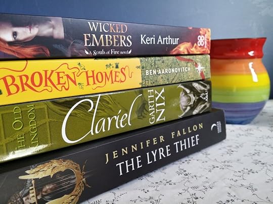 Earl Grey Editing, Elizabeth Fitzgerald, Mt TBR, The Lyre Thief, Jennifer Fallon, HarperVoyager, Clariel, Garth Nix, The Old Kingdom, Allan and Unwin, Broken Homes, Ben Aaronovitch, Rivers of London, Peter Grant, Gollancz, Wicked Embers, Keri Arthur, Souls of Fire