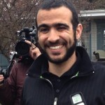 Former Guantanamo prisoner Omar Khadr speaking to the media after his release from prison on bail on May 7, 2015. Photo made available by Michelle Shephard of the Toronto Star on Twitter.