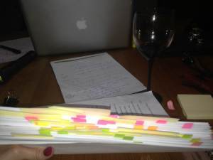 My manuscript with the initial flagging for revisions (based on Lauren's and my crit partners' input)