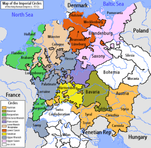 a map of the Holy Roman Empire showing areas controlled by the various rulers