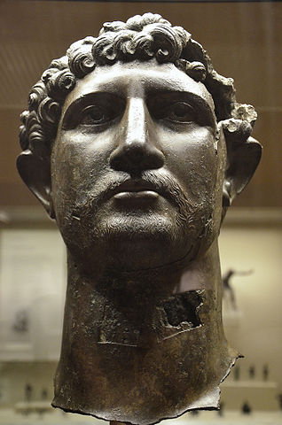 Bronze head from a statue of the Emperor Hadrian, found in the River Thames in London. Now in the British Museum. Photo by FollowingHadrian, CC BY-SA 4.0 via Wikimedia Commons.
